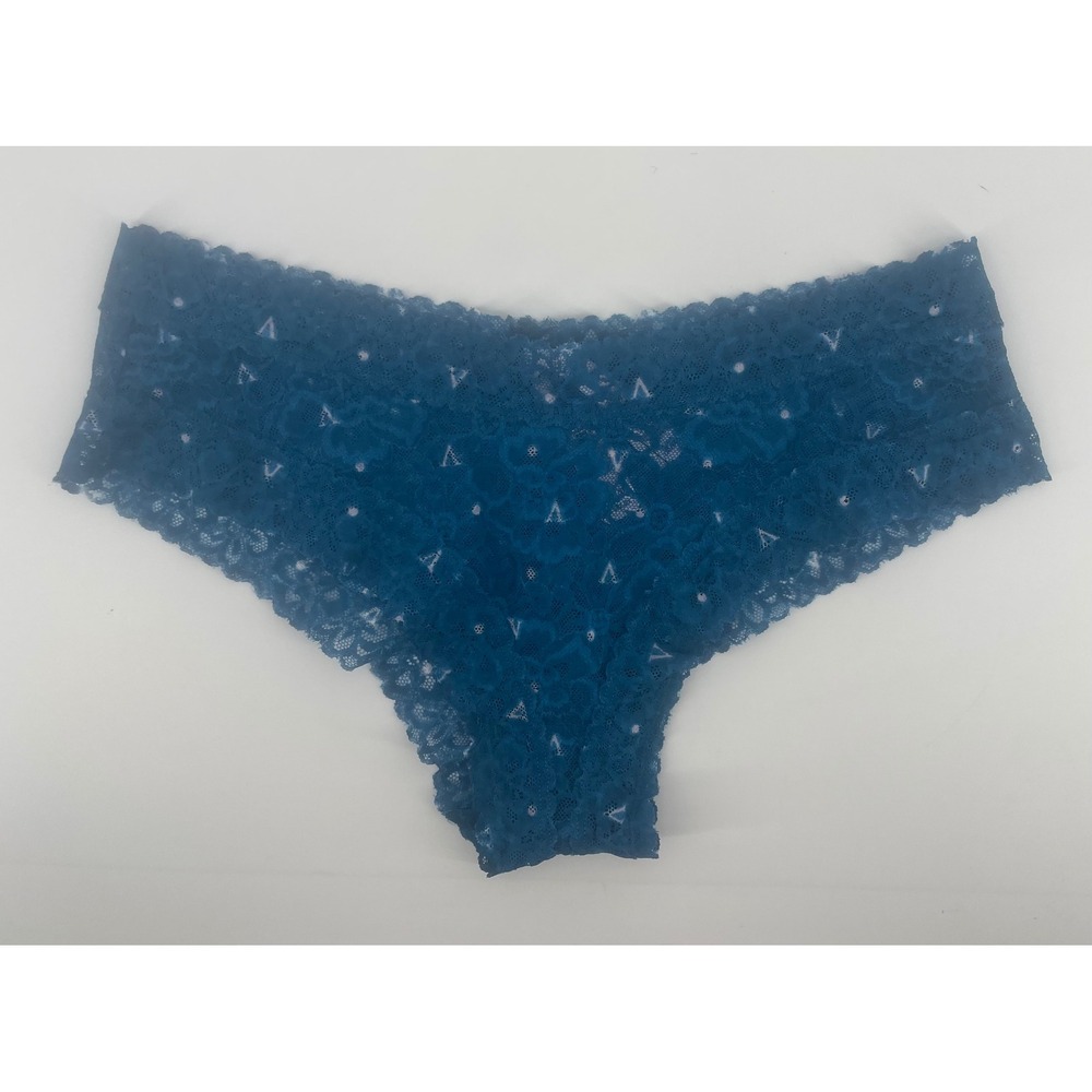 Victoria's Secret Cheeky Panty Lg Teal Blue Lace Logo Polka Dot Lingerie NWT